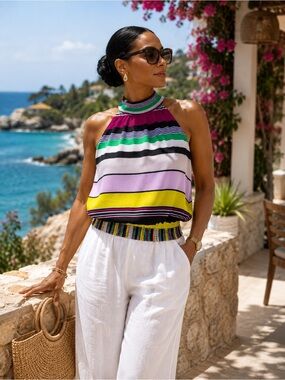 NY & Co 7th Avenue Multicolor Striped Halter Blouse Size L